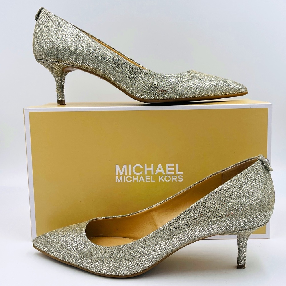 Michael Kors Silver Glitter Flex Kitten Heel Pumps Womens 11M Worn Once - w/ Box